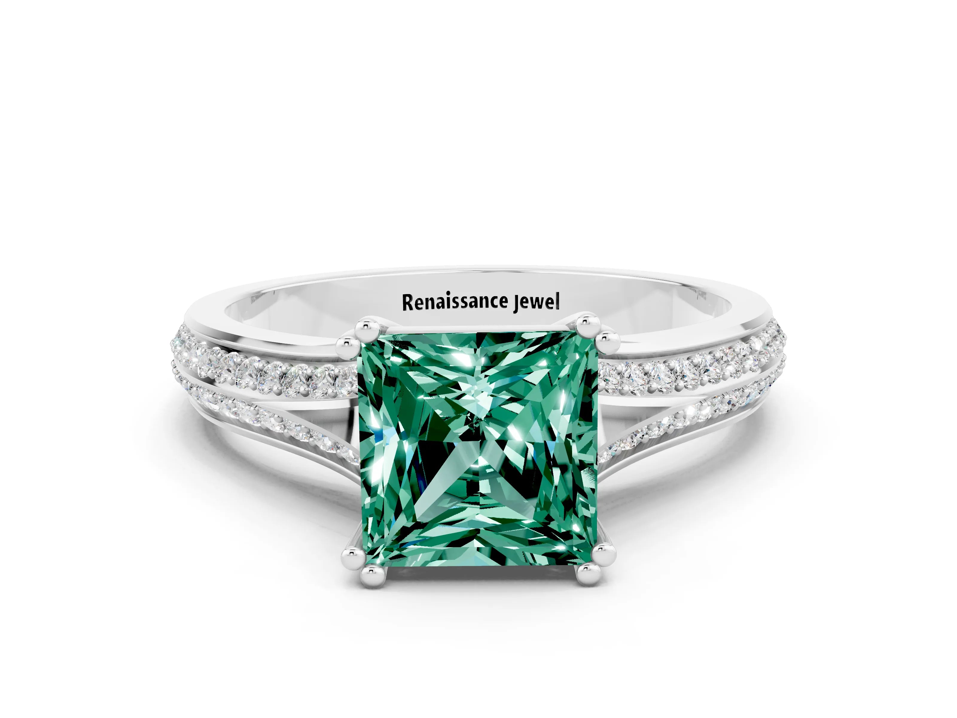 White gold Princess Cut Green Sapphire Split Shank Engagement Ring with Pavé Band
