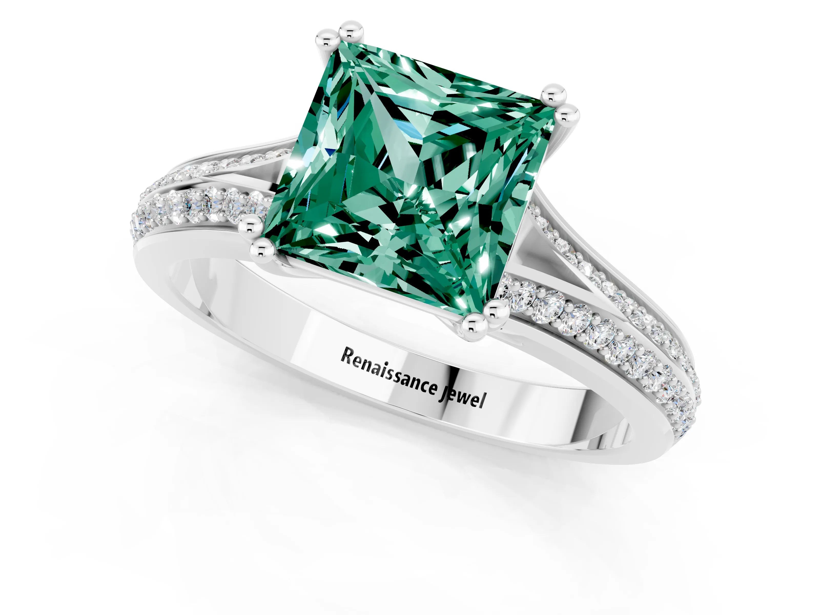 White gold Princess Cut Green Sapphire Split Shank Engagement Ring with Pavé Band_1
