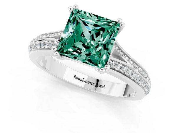 Platinum Princess Cut Green Sapphire Split Shank Engagement Ring with Pavé Band