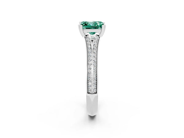 Platinum Princess Cut Green Sapphire Split Shank Engagement Ring with Pavé Band