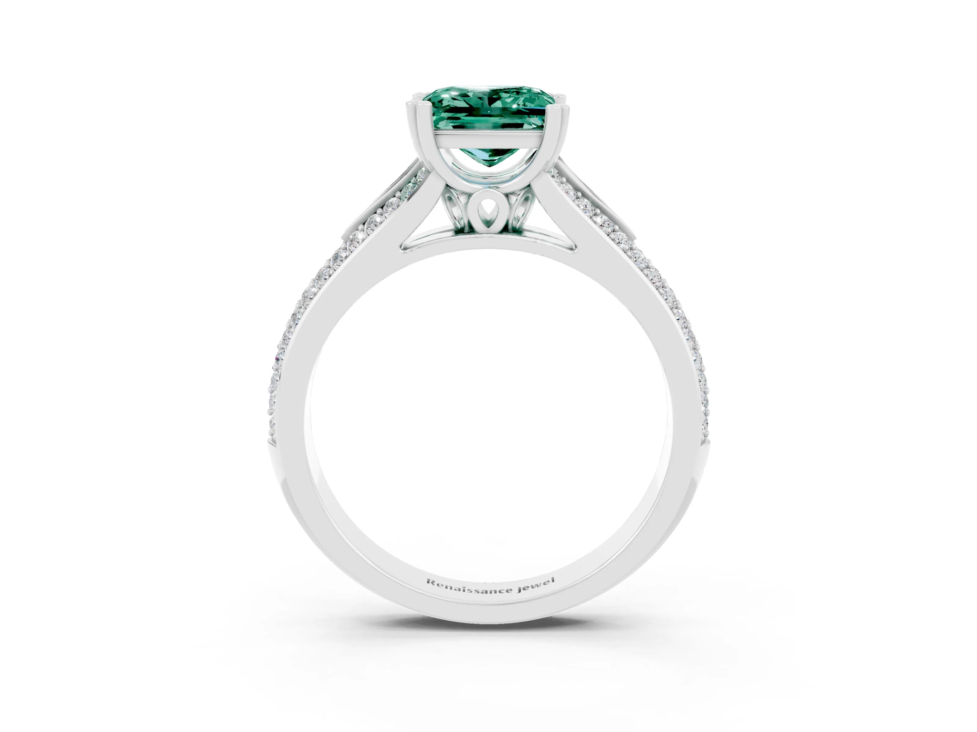 White gold Princess Cut Green Sapphire Split Shank Engagement Ring with Pavé Band_3