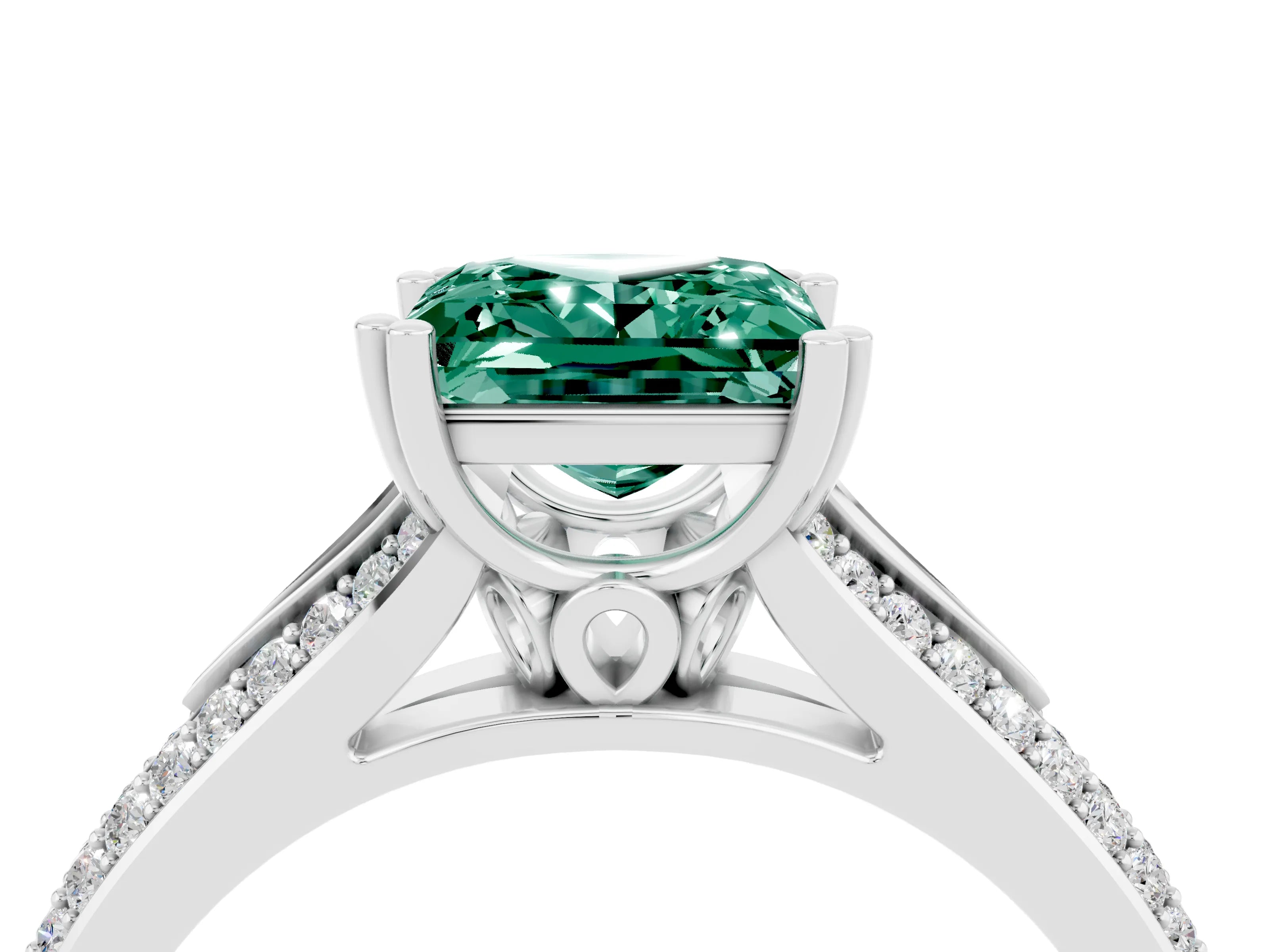 White gold Princess Cut Green Sapphire Split Shank Engagement Ring with Pavé Band_4