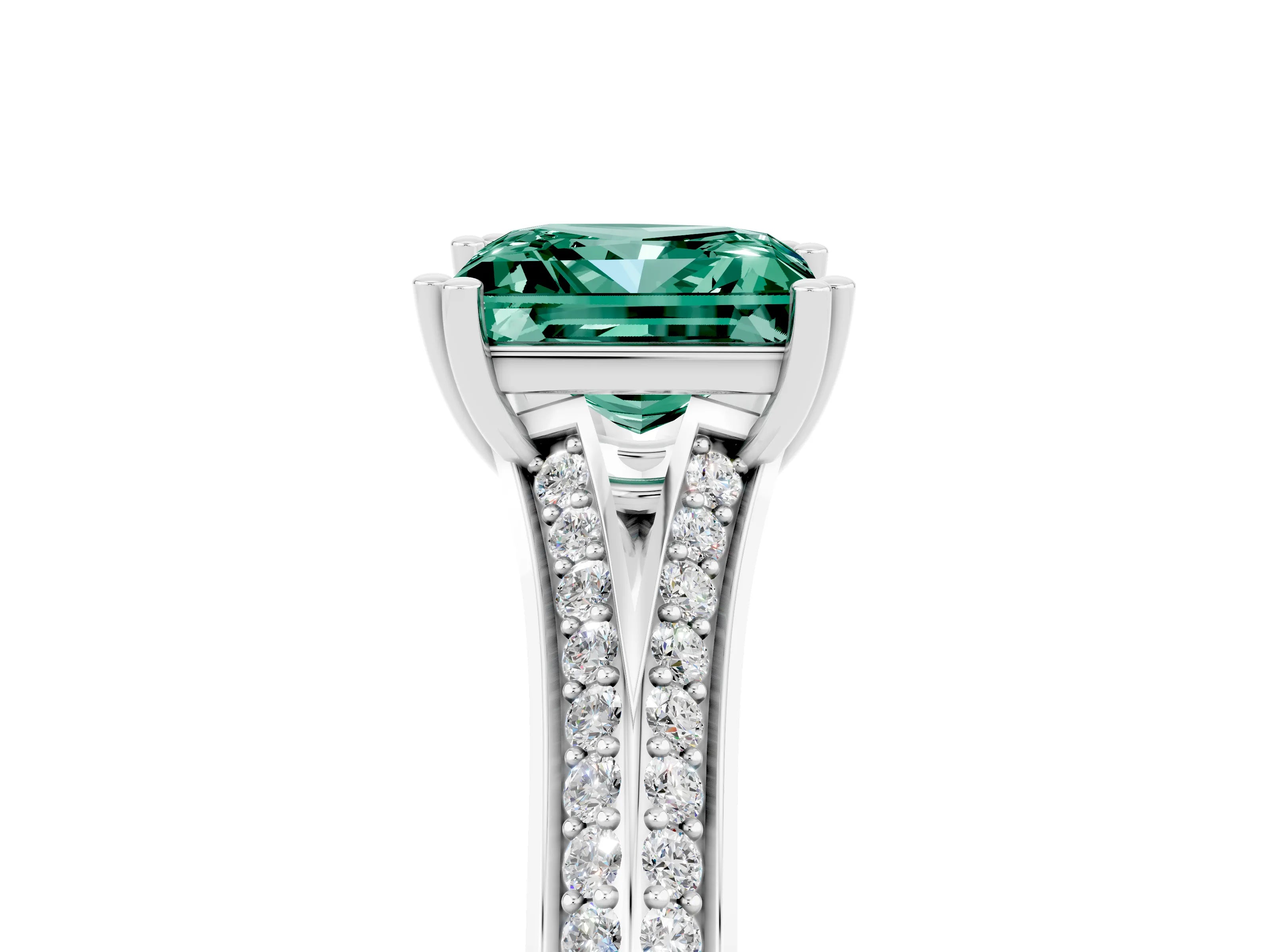 White gold Princess Cut Green Sapphire Split Shank Engagement Ring with Pavé Band_5