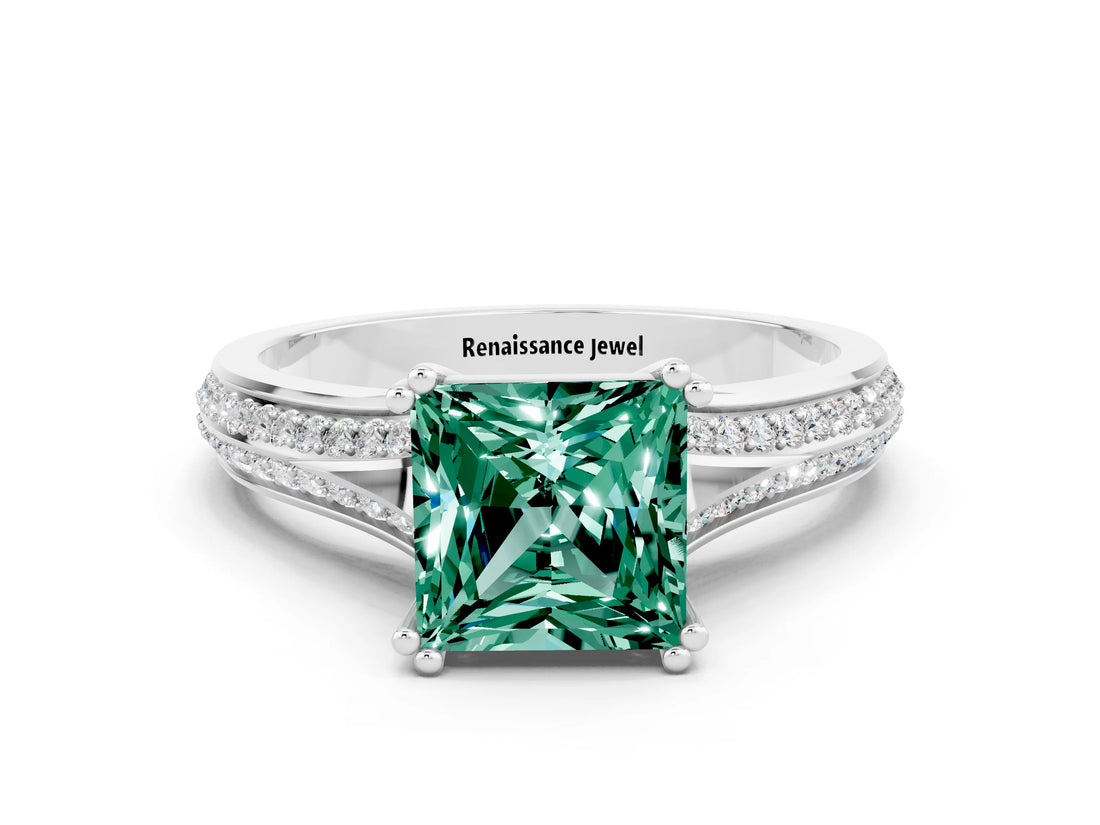 White gold Princess Cut Green Sapphire Split Shank Engagement Ring with Pavé Band