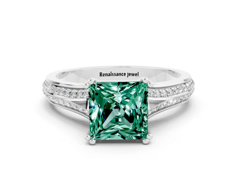 White gold Princess Cut Green Sapphire Split Shank Engagement Ring with Pavé Band