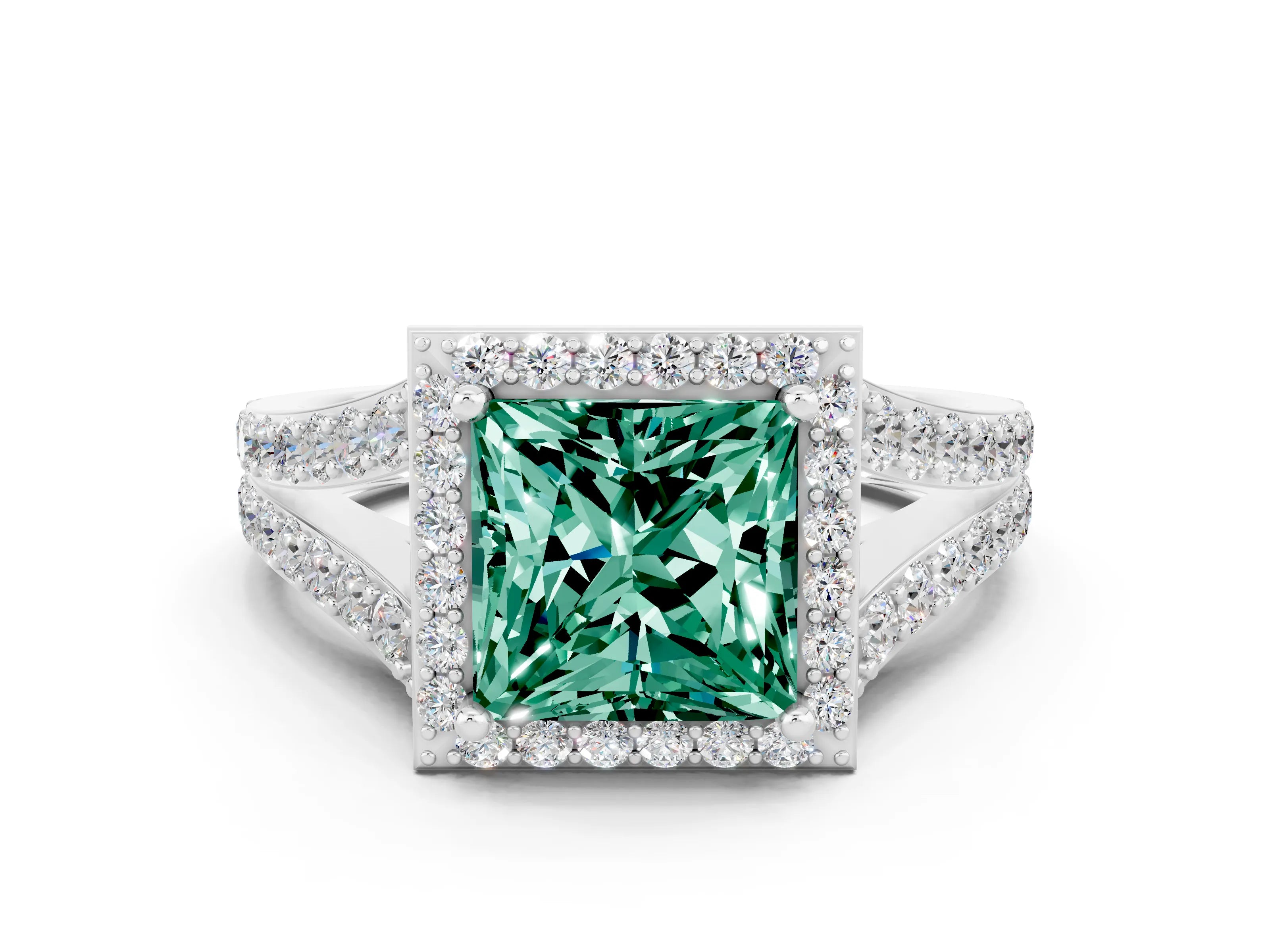 White gold Princess Cut Green Sapphire Split Shank Halo Ring with Four-Prong Setting_59