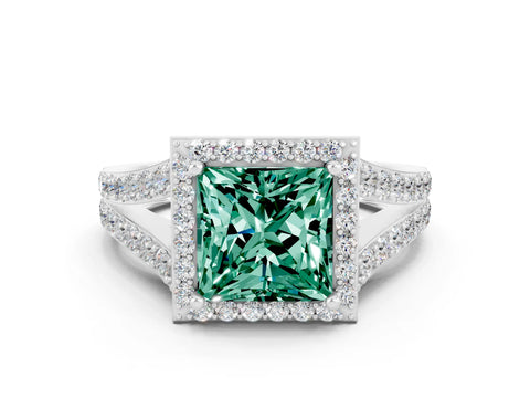 White gold Princess Cut Green Sapphire Split Shank Halo Ring with Four-Prong Setting_59