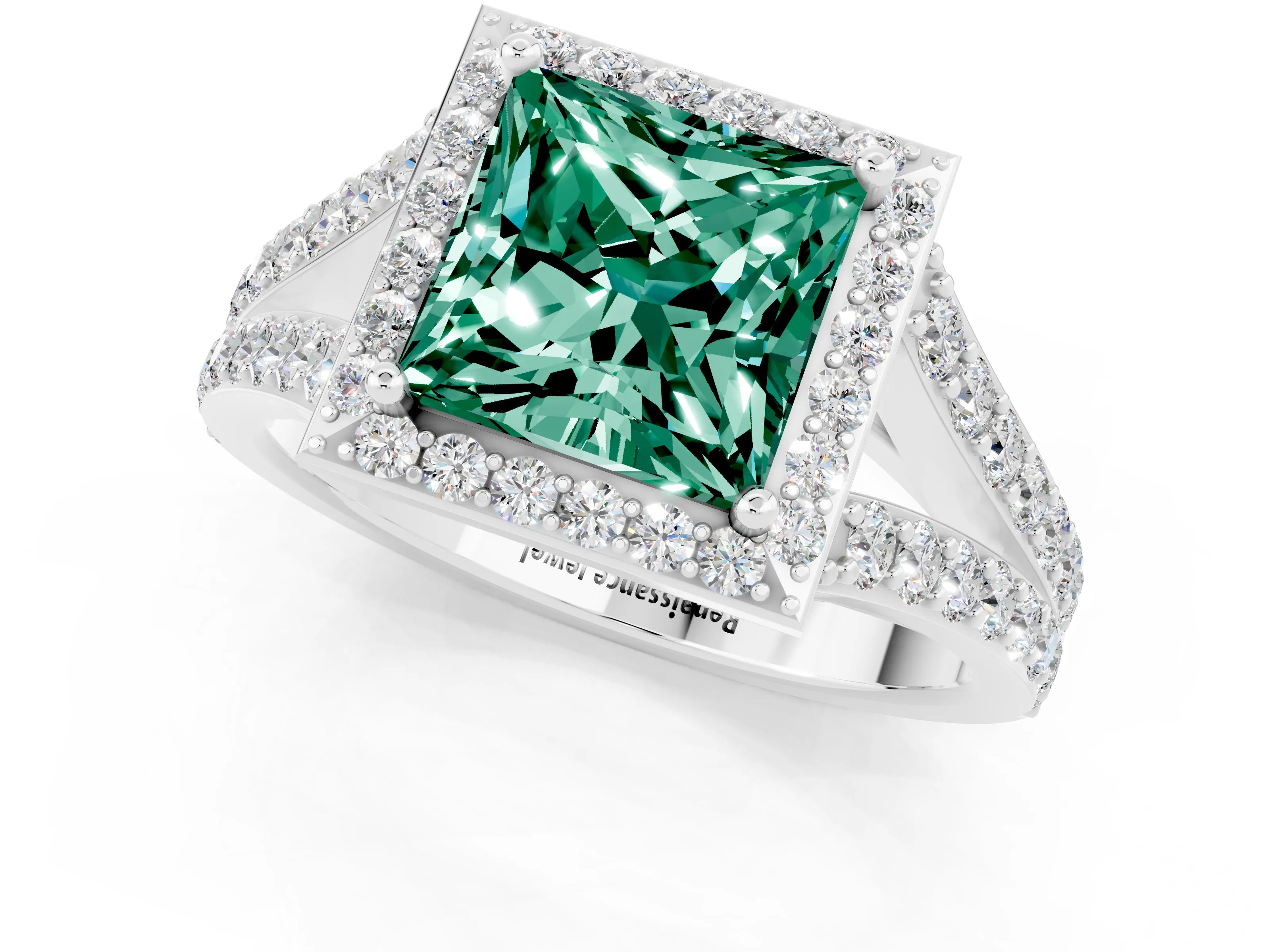 White gold Princess Cut Green Sapphire Split Shank Halo Ring with Four-Prong Setting_60