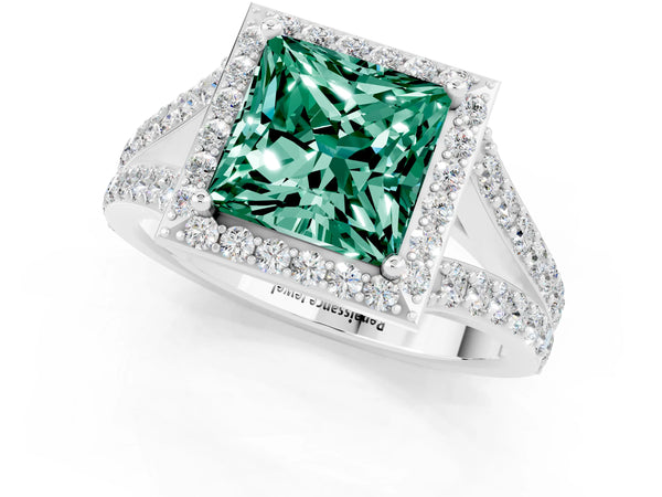 Platinum Princess Cut Green Sapphire Split Shank Halo Ring with Four-Prong Setting