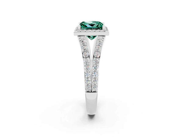 Silver Princess Cut Green Sapphire Split Shank Halo Ring with Four-Prong Setting