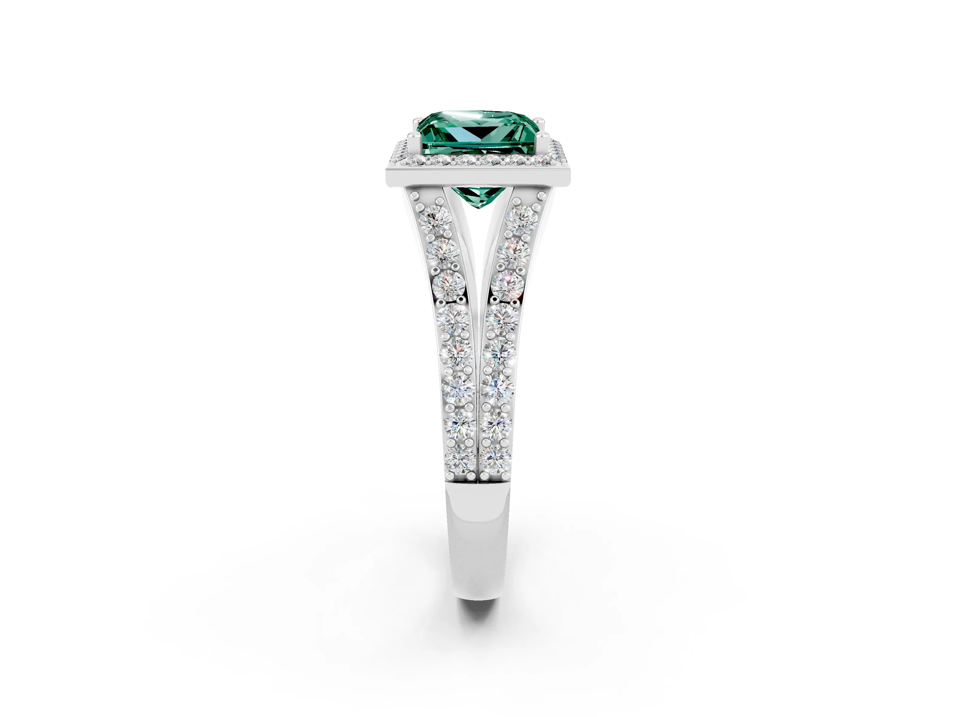White gold Princess Cut Green Sapphire Split Shank Halo Ring with Four-Prong Setting_62