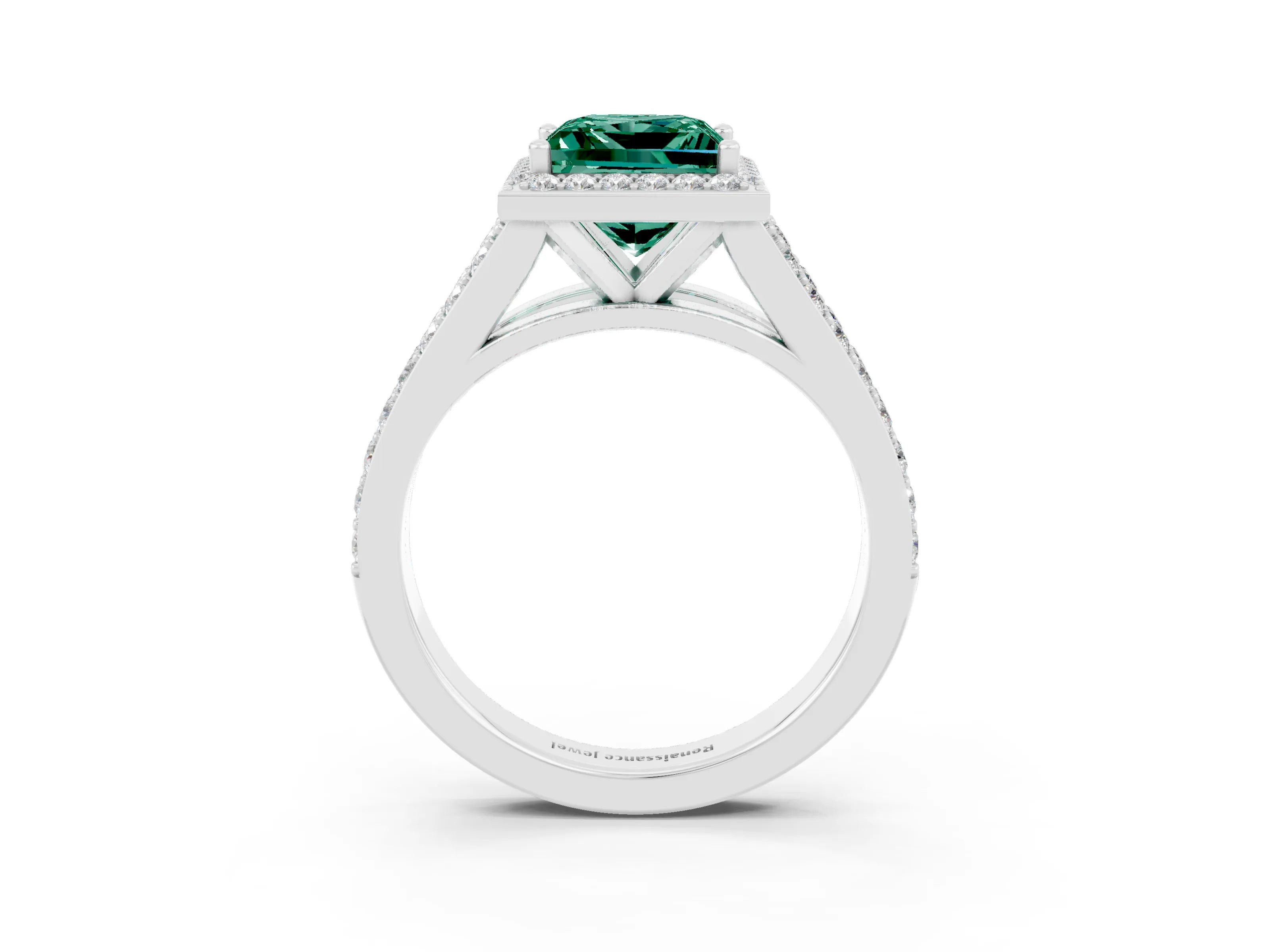 White gold Princess Cut Green Sapphire Split Shank Halo Ring with Four-Prong Setting_63