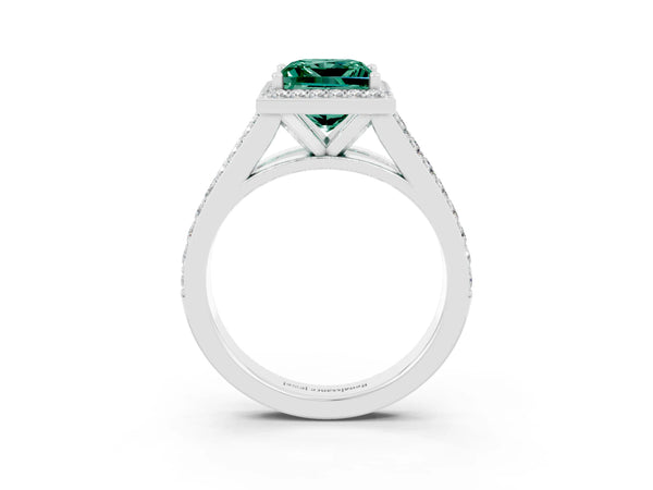 White gold Princess Cut Green Sapphire Split Shank Halo Ring with Four-Prong Setting