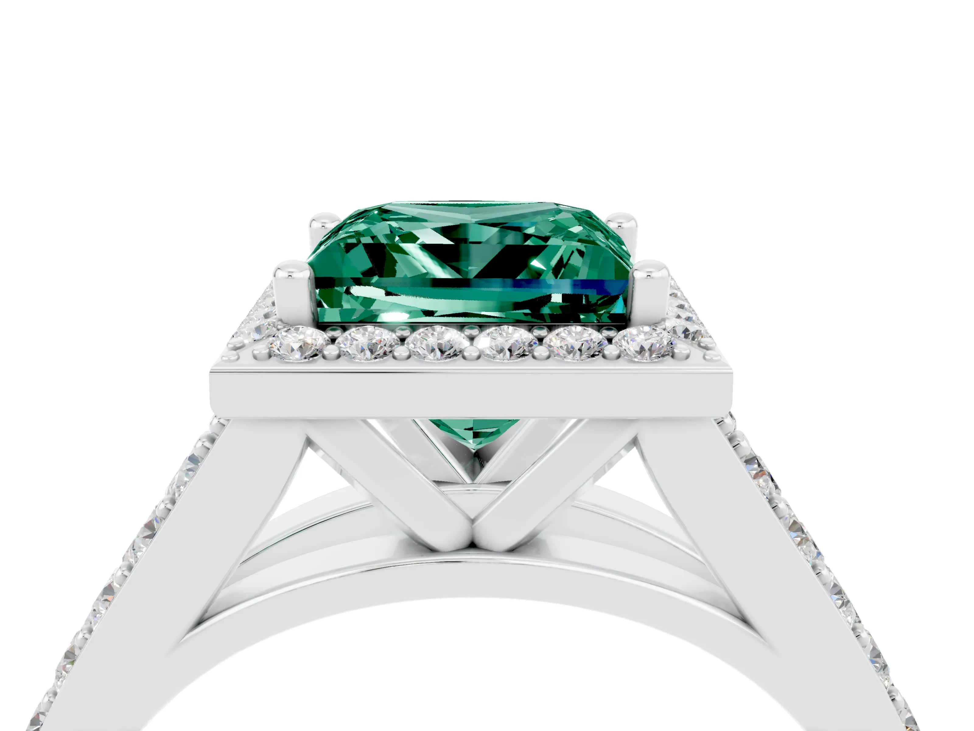 White gold Princess Cut Green Sapphire Split Shank Halo Ring with Four-Prong Setting_64