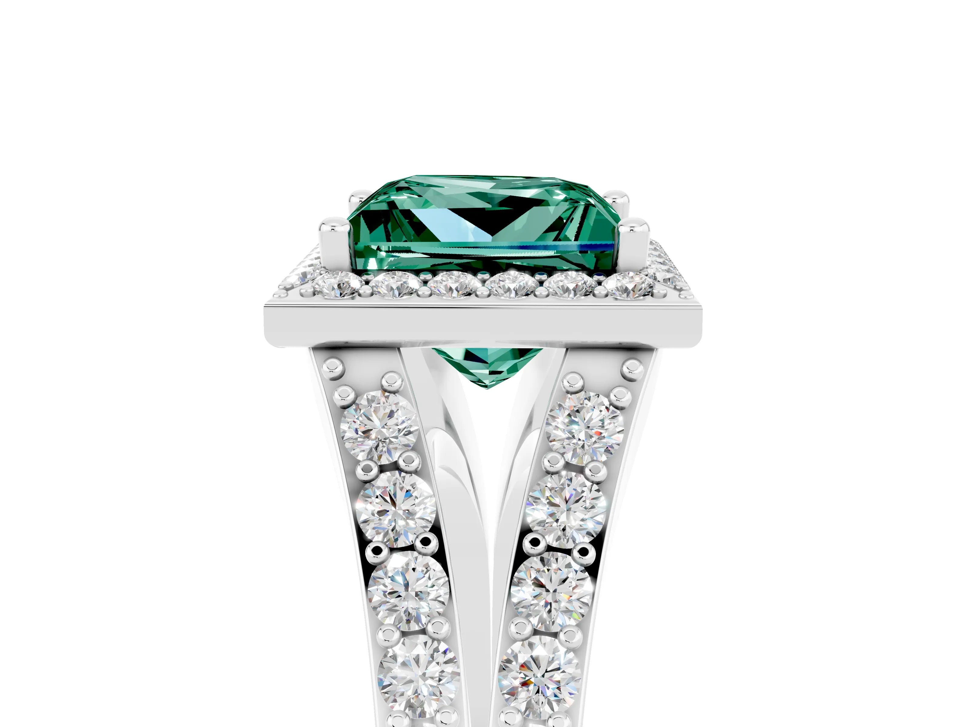 White gold Princess Cut Green Sapphire Split Shank Halo Ring with Four-Prong Setting_65