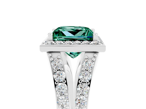 White gold Princess Cut Green Sapphire Split Shank Halo Ring with Four-Prong Setting_65