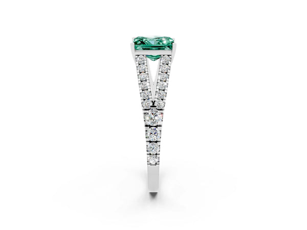 Platinum Princess Cut Green Sapphire Split Shank Pavé Engagement Ring with Four-Prong Setting