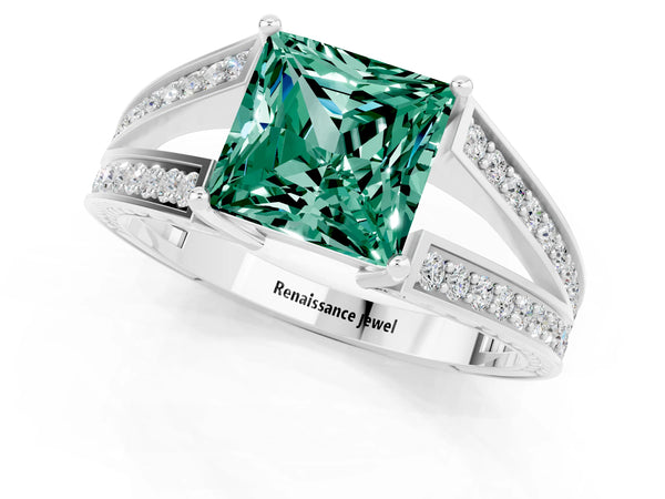 Platinum Princess Cut Green Sapphire Split Shank Ring with Pavé Band and Four-Prong Setting