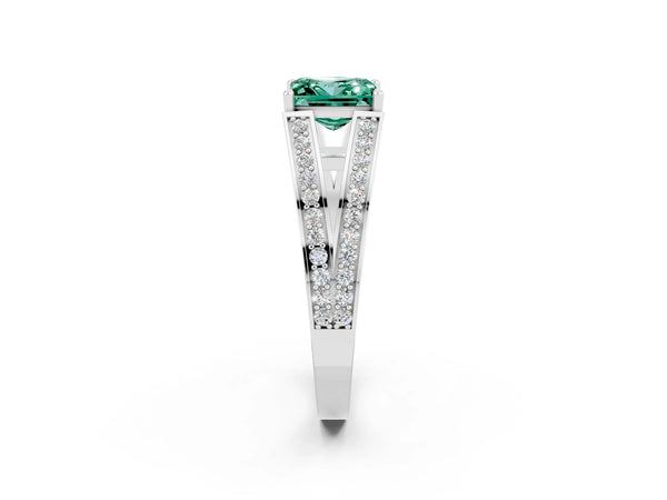 Platinum Princess Cut Green Sapphire Split Shank Ring with Pavé Band and Four-Prong Setting