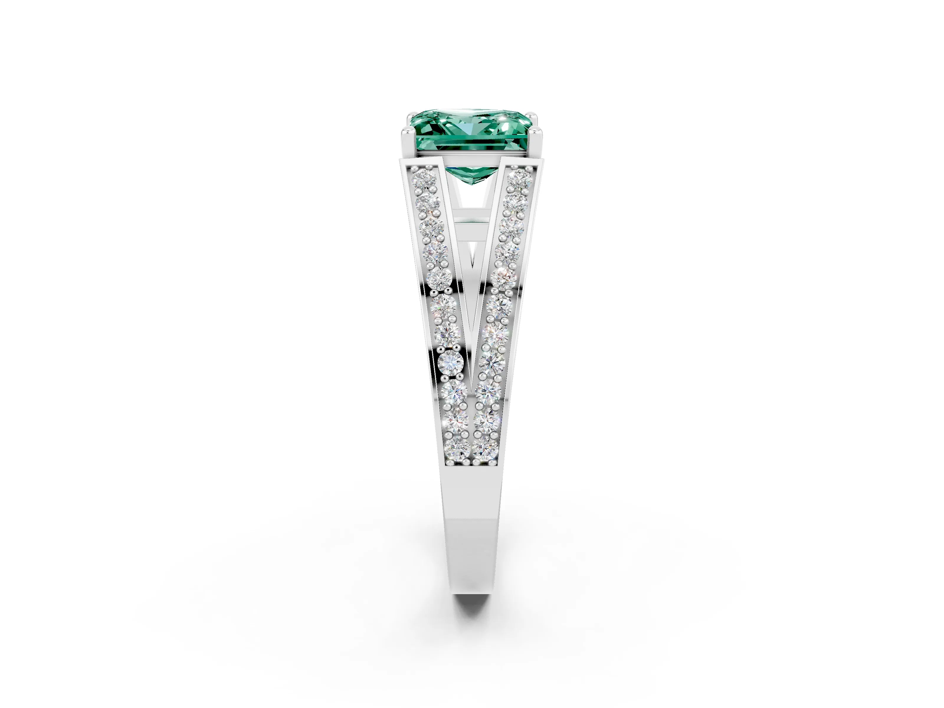 White gold Princess Cut Green Sapphire Split Shank Ring with Pavé Band and Four-Prong Setting_2