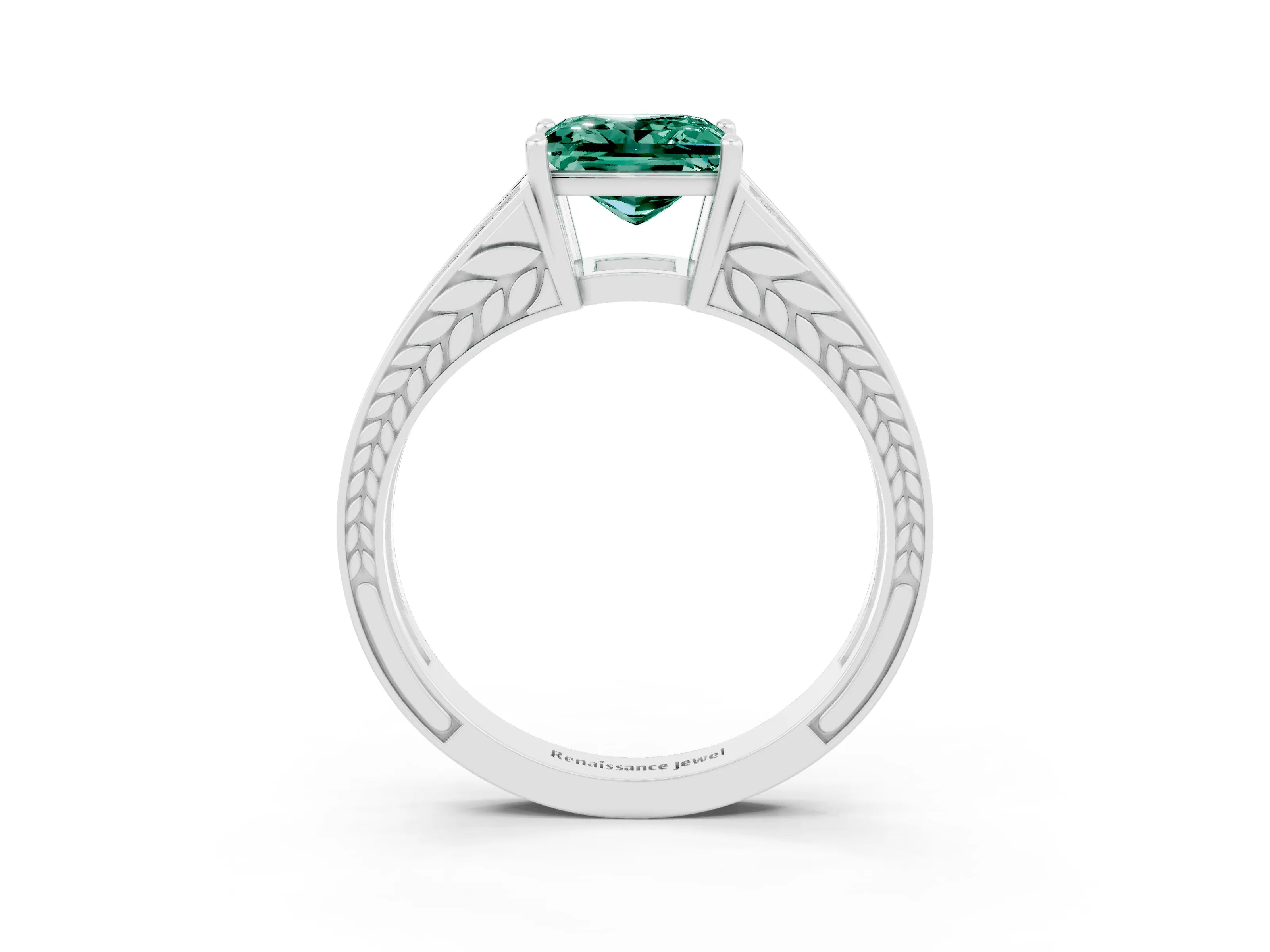White gold Princess Cut Green Sapphire Split Shank Ring with Pavé Band and Four-Prong Setting_3