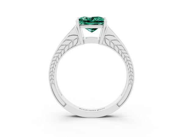 Silver Princess Cut Green Sapphire Split Shank Ring with Pavé Band and Four-Prong Setting