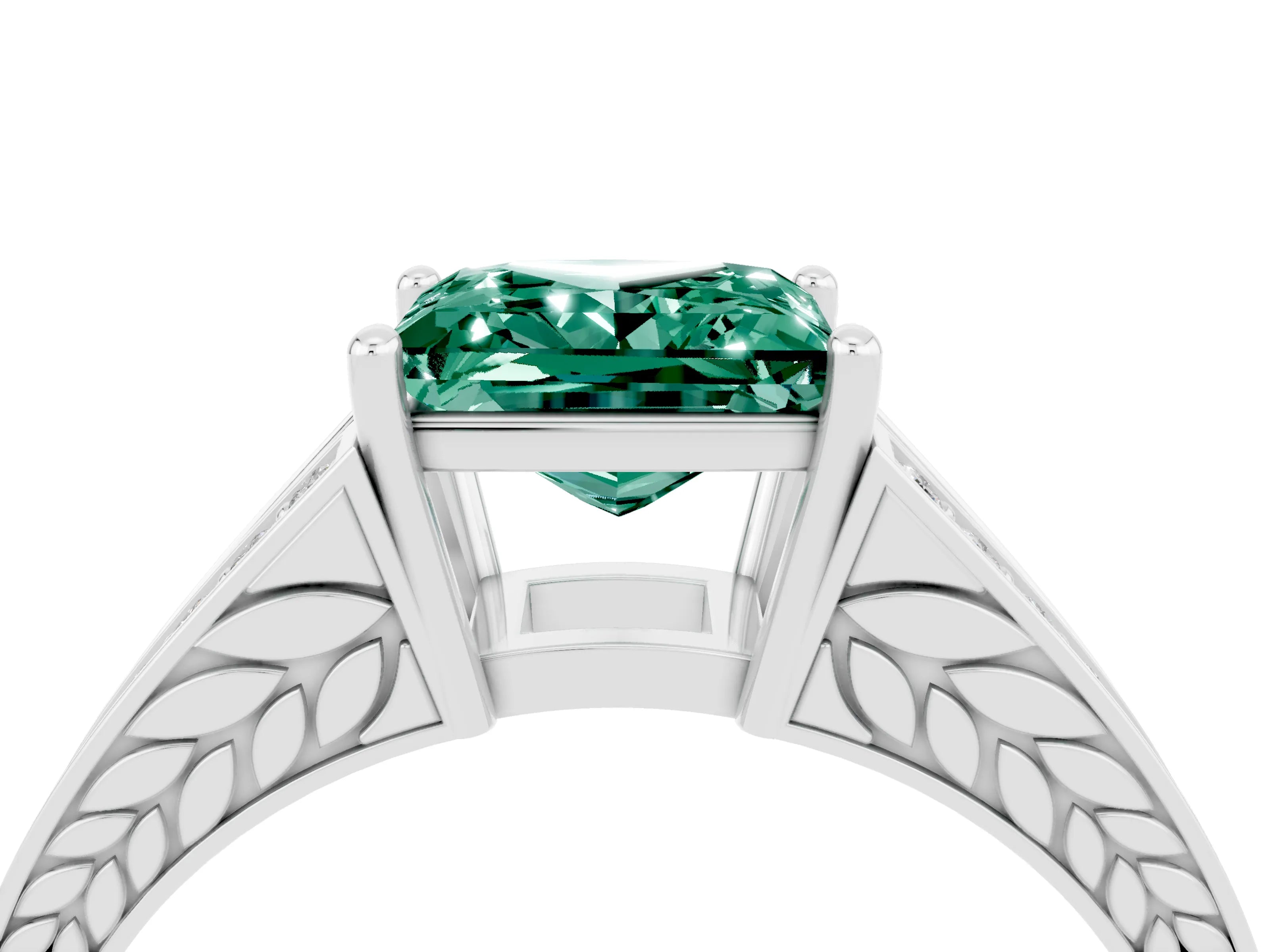 White gold Princess Cut Green Sapphire Split Shank Ring with Pavé Band and Four-Prong Setting_4