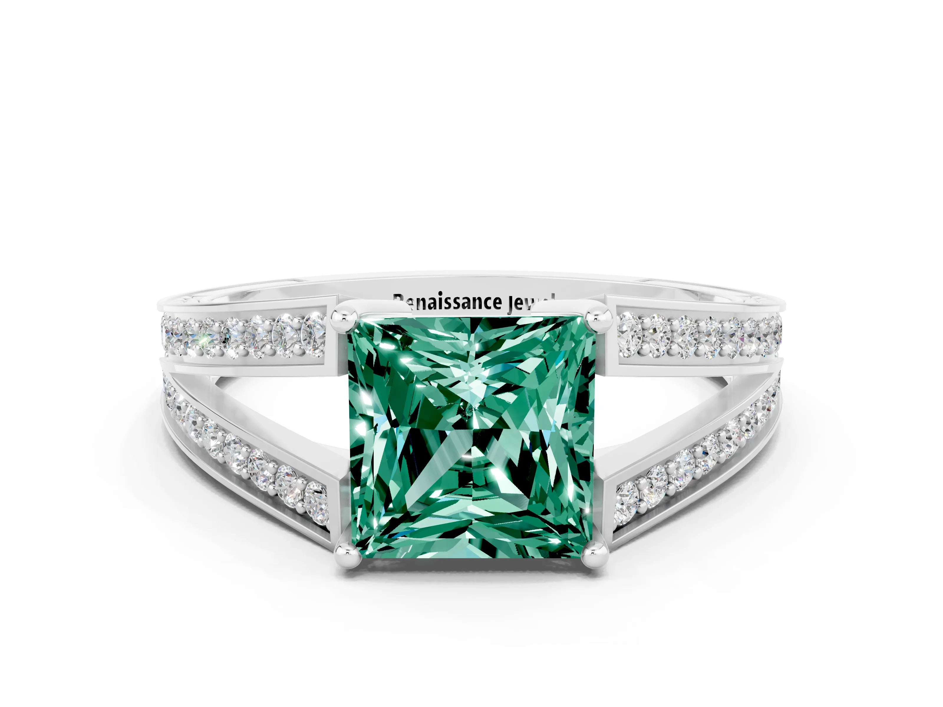 White gold Princess Cut Green Sapphire Split Shank Ring with Pavé Band and Four-Prong Setting