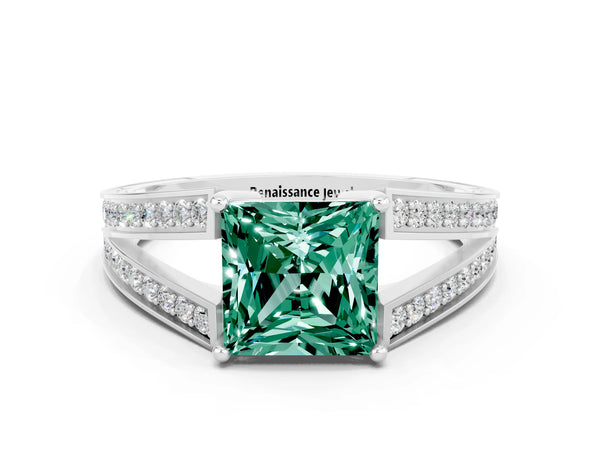 Silver Princess Cut Green Sapphire Split Shank Ring with Pavé Band and Four-Prong Setting