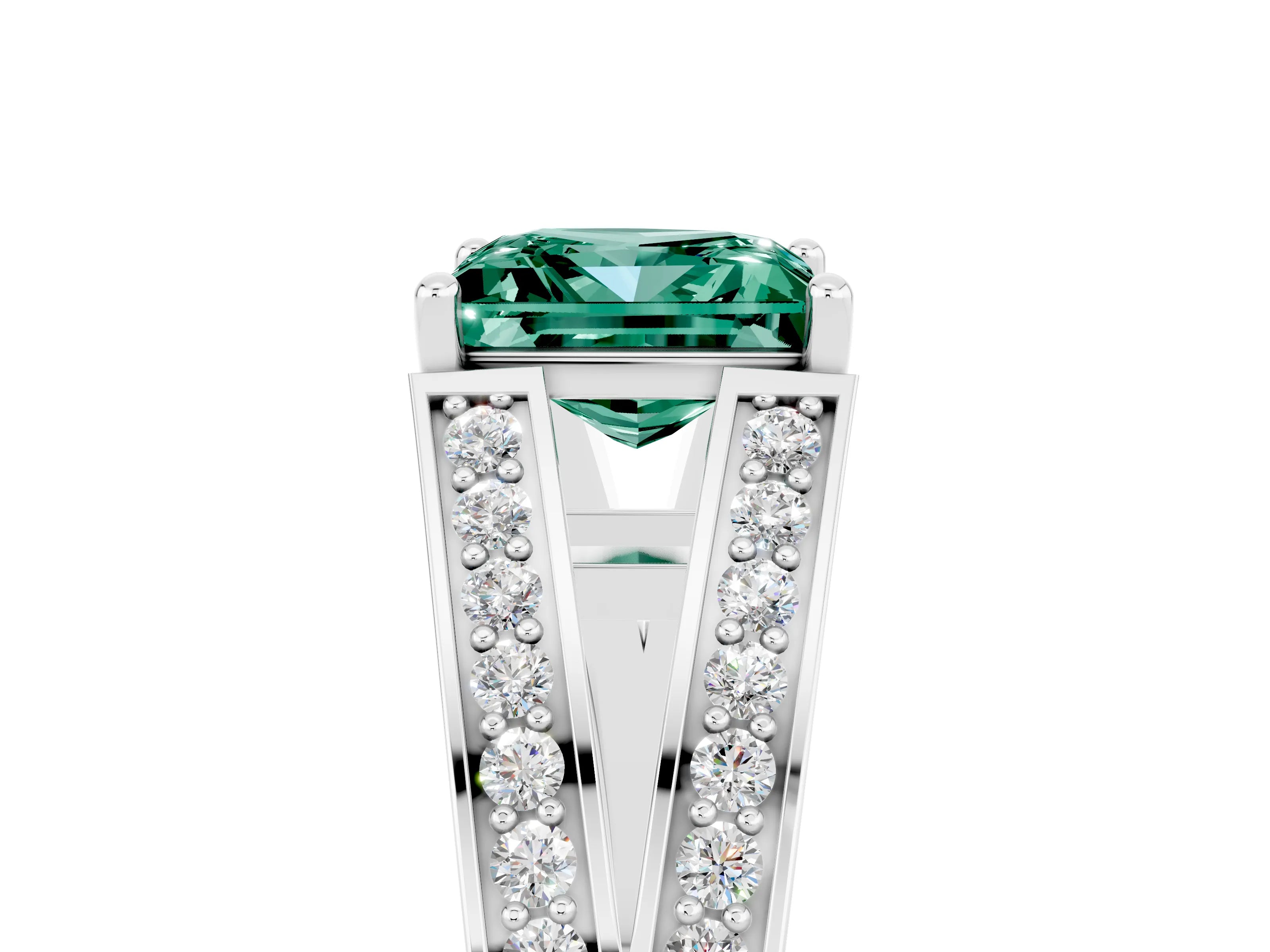 White gold Princess Cut Green Sapphire Split Shank Ring with Pavé Band and Four-Prong Setting_5