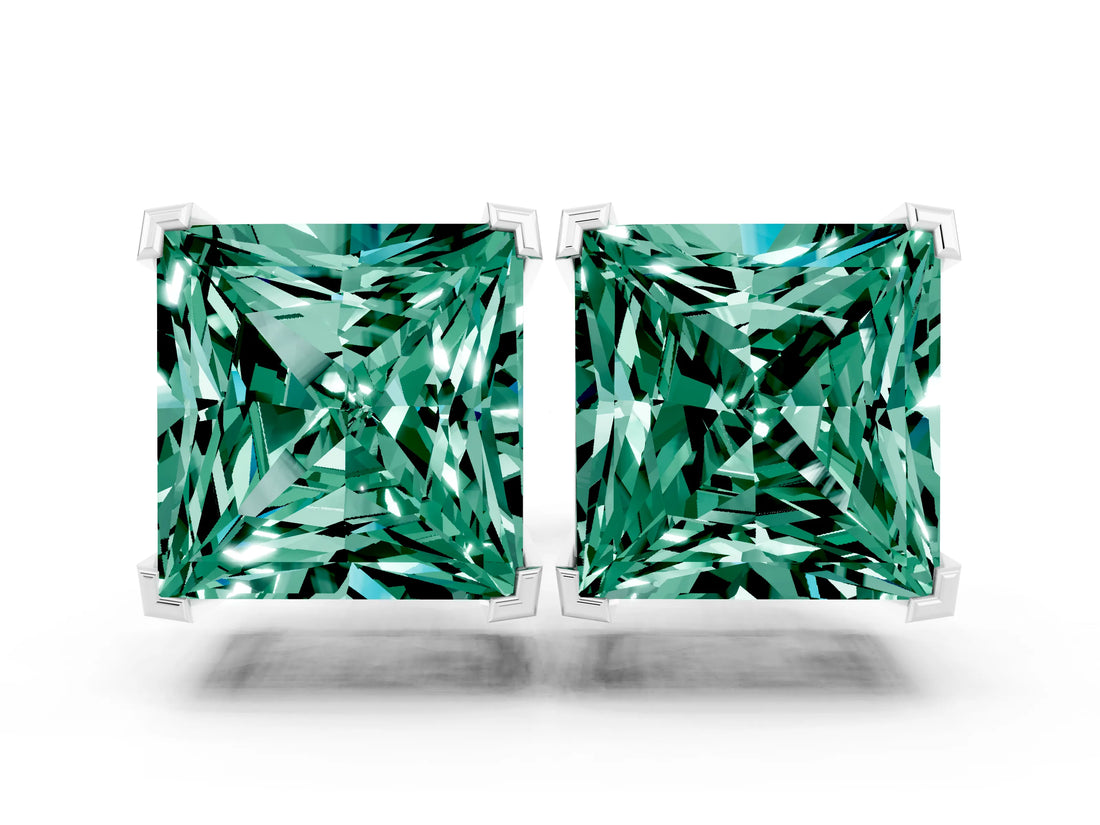White gold Princess Cut Green Sapphire Stud Earrings_18