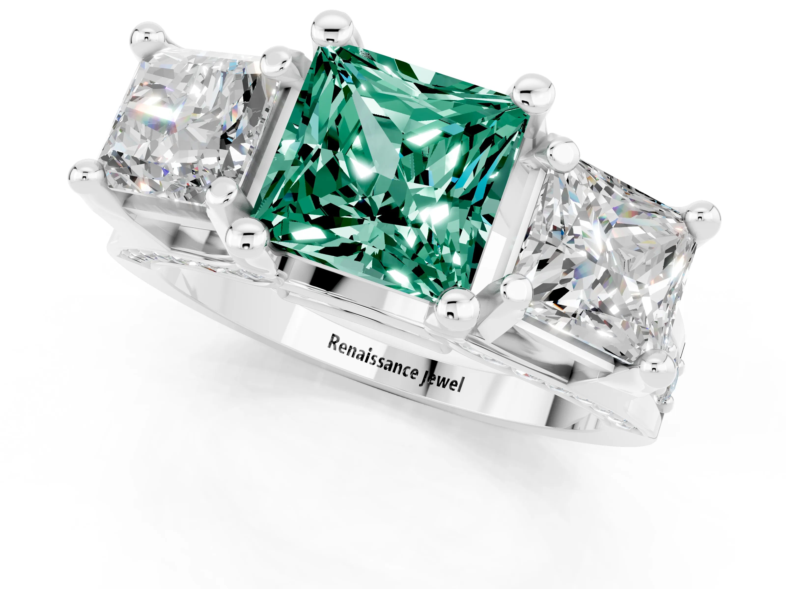 White gold Princess Cut Green Sapphire Three-Stone Ring with Channel Set Band and Four-Prong Setting_1