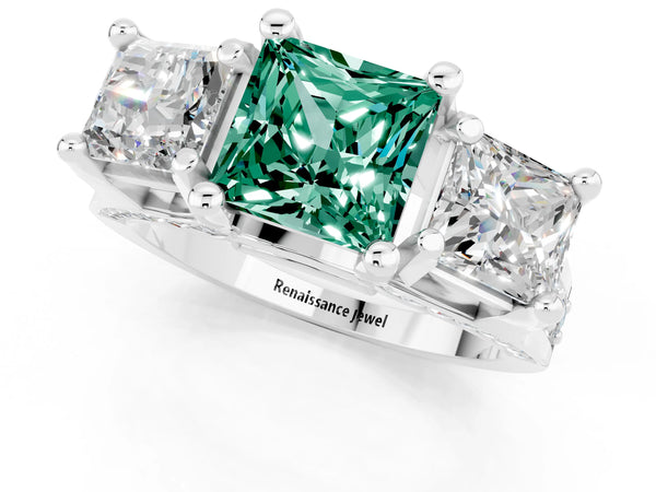 Platinum Princess Cut Green Sapphire Three-Stone Ring with Channel Set Band and Four-Prong Setting