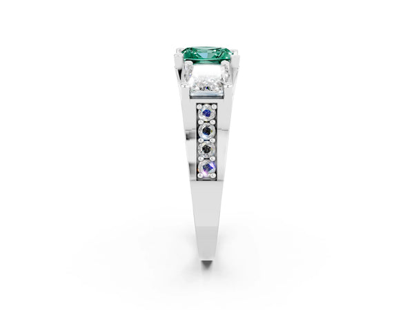 Platinum Princess Cut Green Sapphire Three-Stone Ring with Channel Set Band and Four-Prong Setting