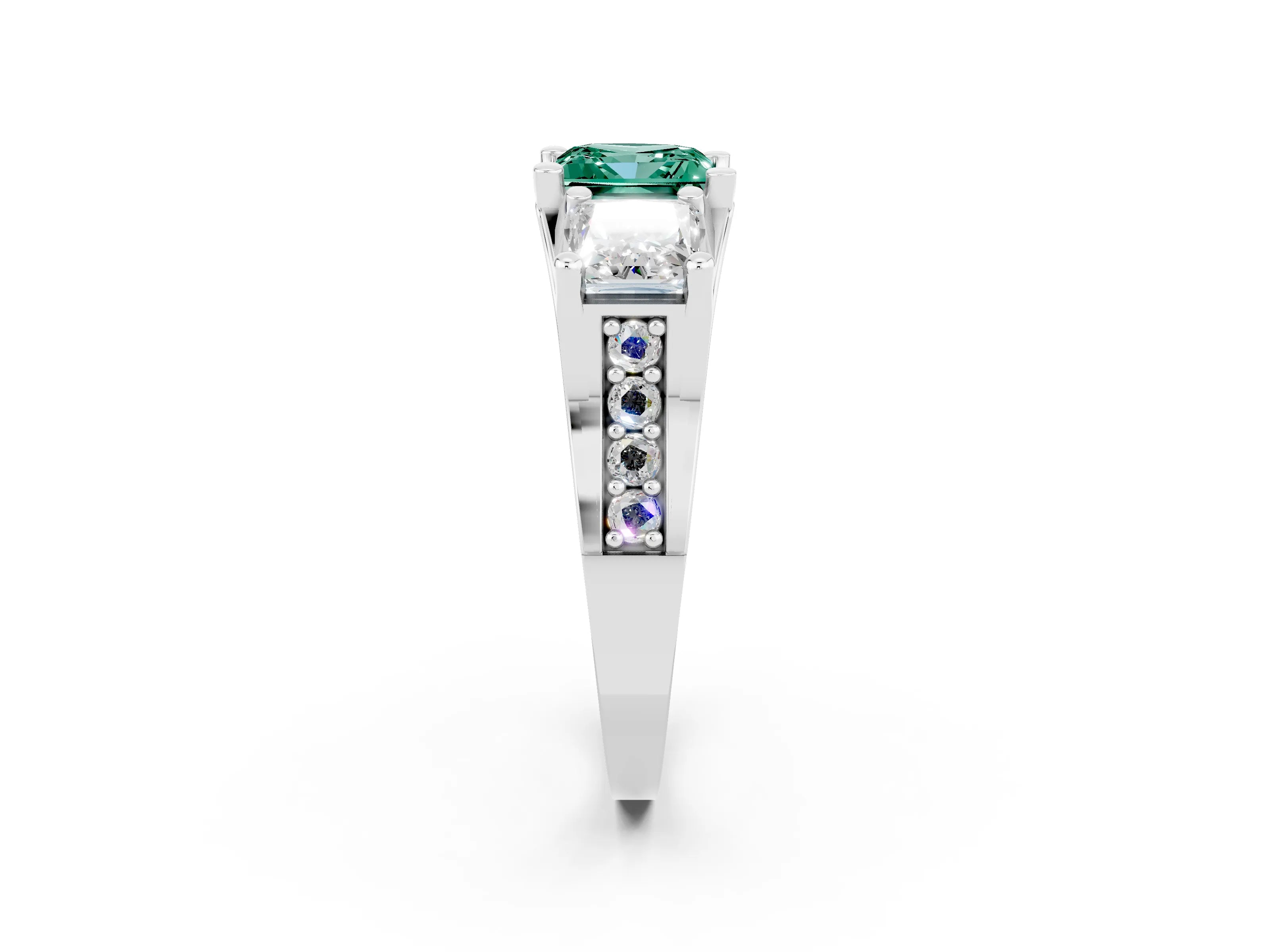 White gold Princess Cut Green Sapphire Three-Stone Ring with Channel Set Band and Four-Prong Setting_2