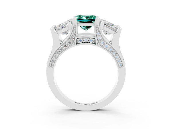 White gold Princess Cut Green Sapphire Three-Stone Ring with Channel Set Band and Four-Prong Setting