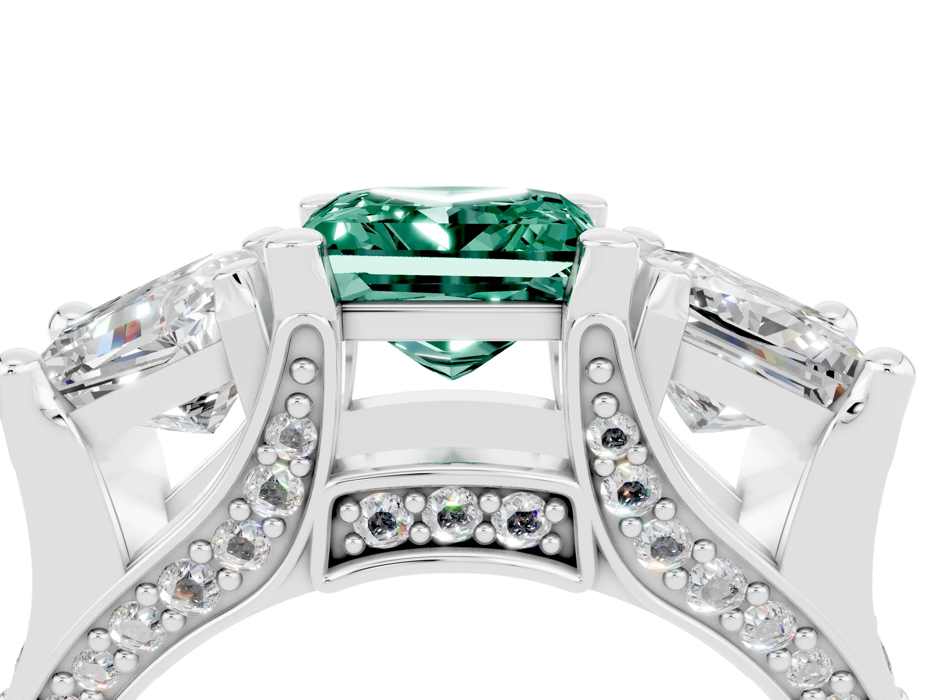 White gold Princess Cut Green Sapphire Three-Stone Ring with Channel Set Band and Four-Prong Setting_4