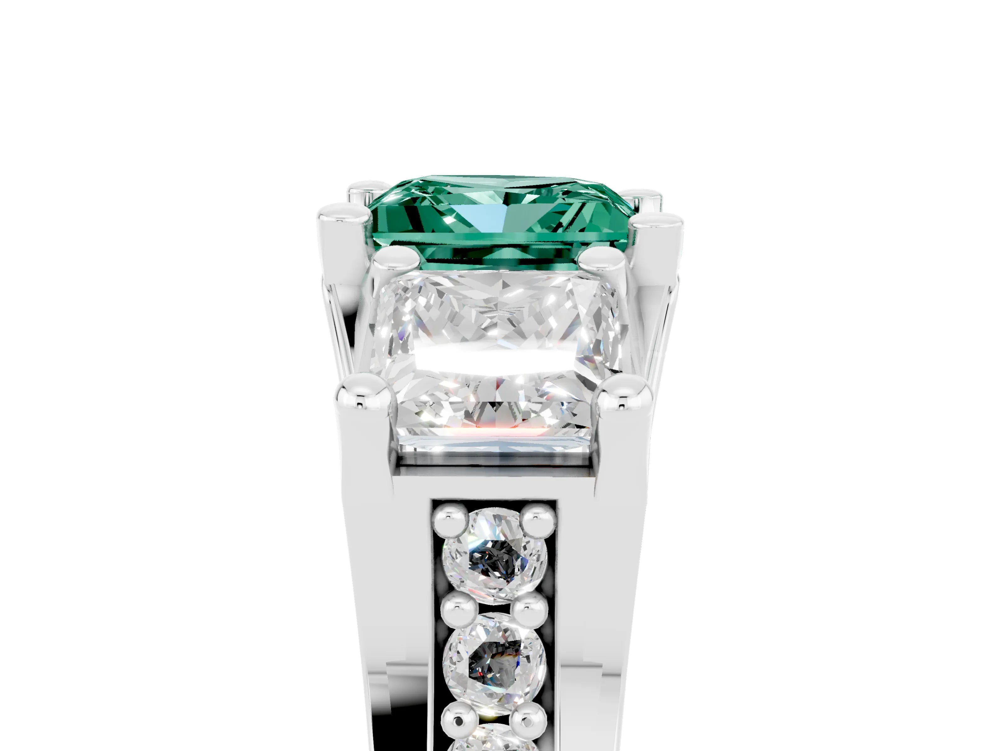 White gold Princess Cut Green Sapphire Three-Stone Ring with Channel Set Band and Four-Prong Setting_5