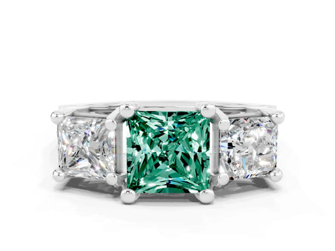 White gold Princess Cut Green Sapphire Three-Stone Ring with Channel Set Band and Four-Prong Setting