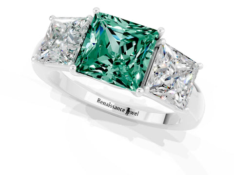 White gold Princess Cut Green Sapphire Three-Stone Ring with Four-Prong Setting and Classic Band_1