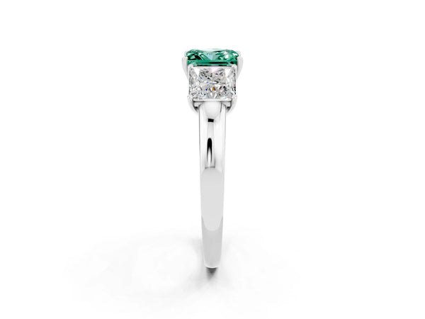 Silver Princess Cut Green Sapphire Three-Stone Ring with Four-Prong Setting and Classic Band