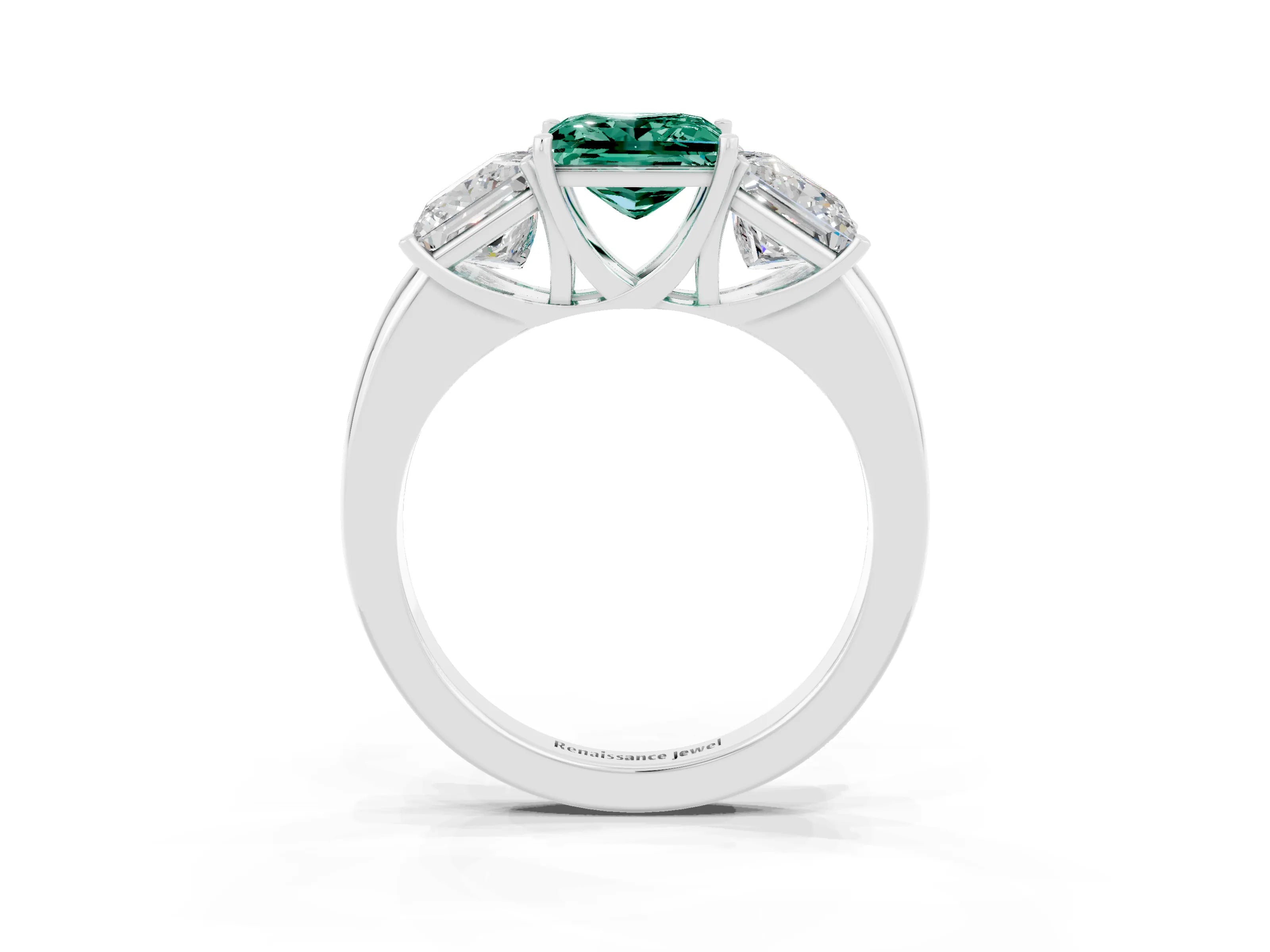White gold Princess Cut Green Sapphire Three-Stone Ring with Four-Prong Setting and Classic Band_3