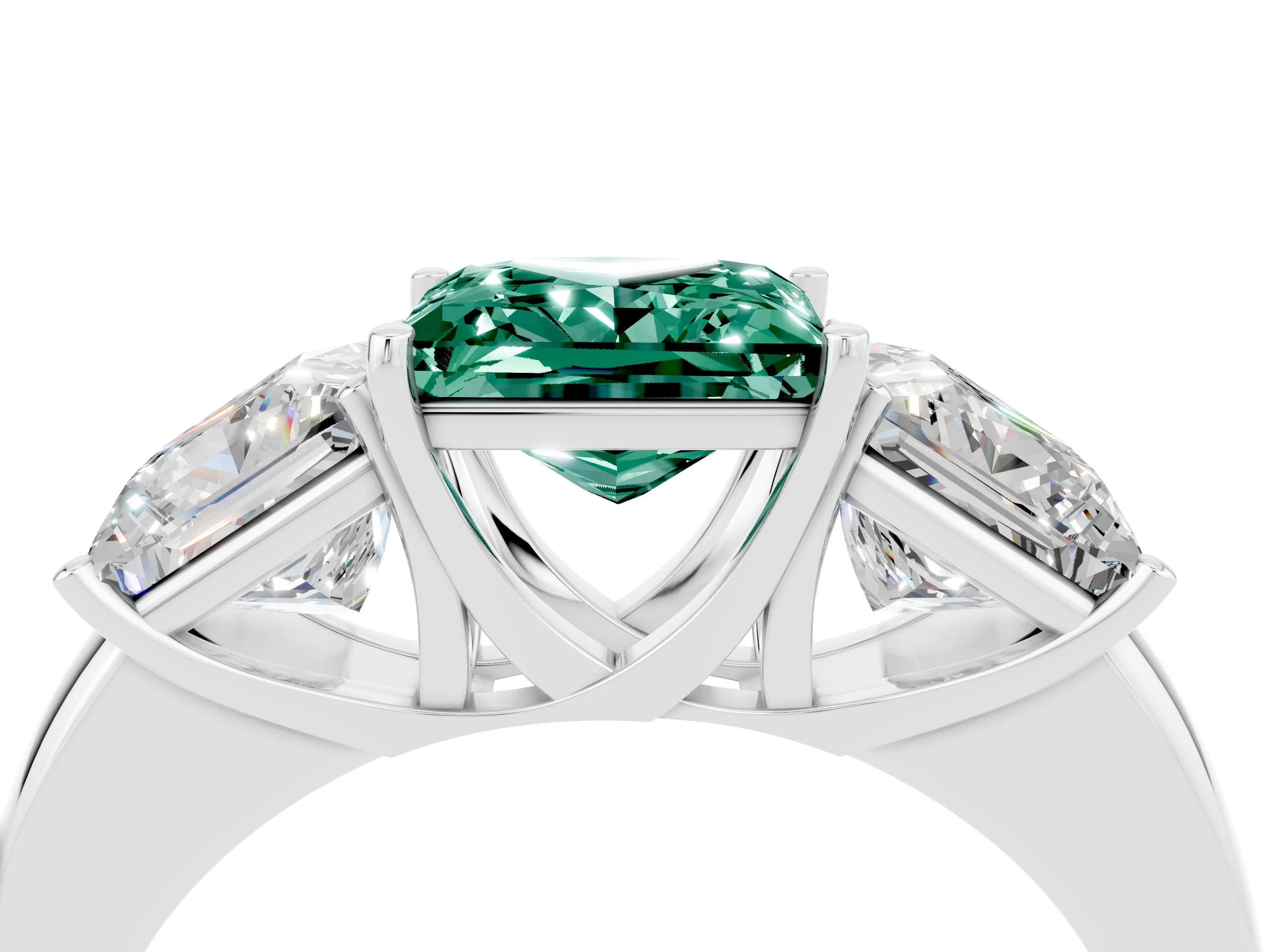 White gold Princess Cut Green Sapphire Three-Stone Ring with Four-Prong Setting and Classic Band_4