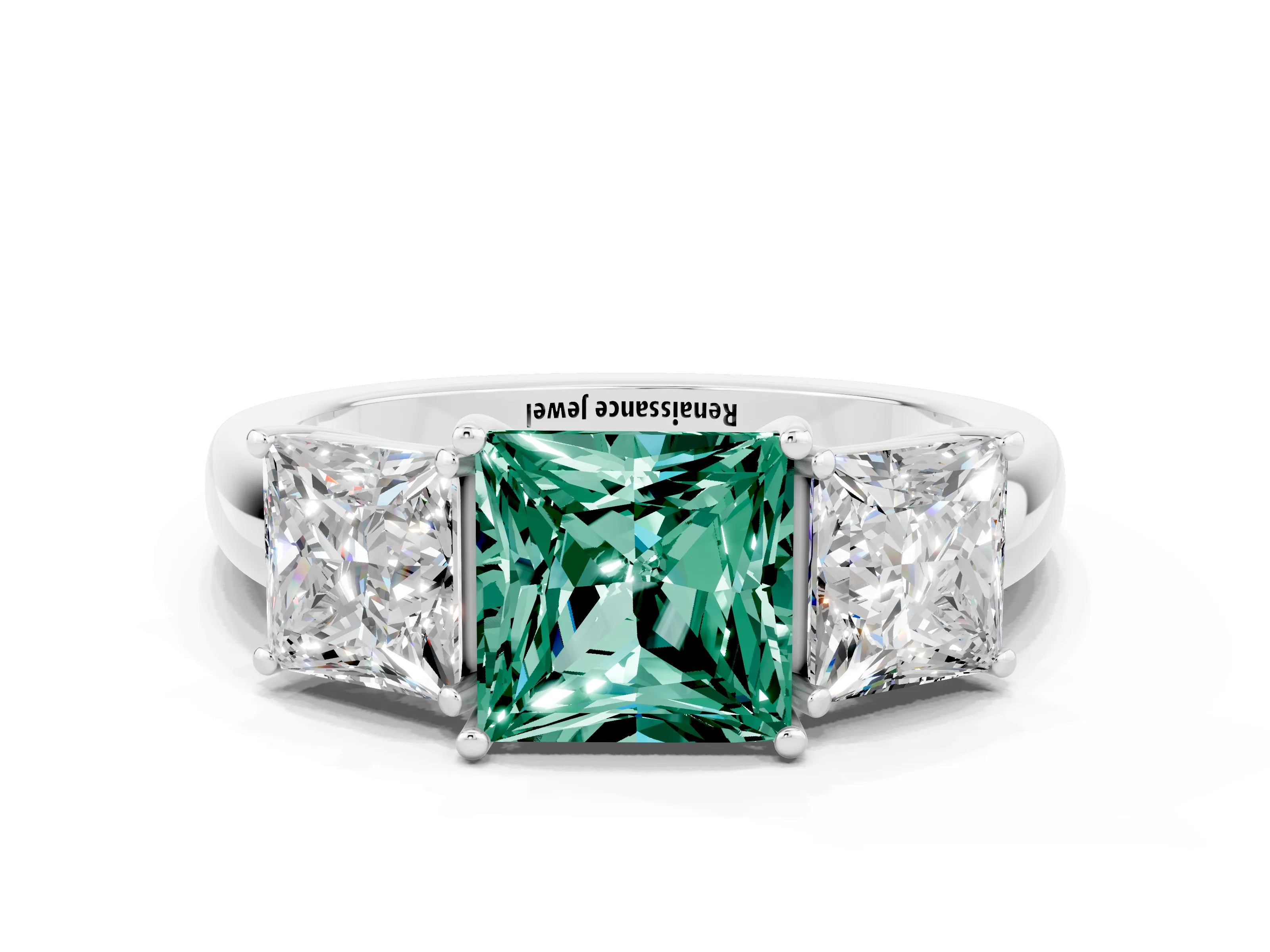 White gold Princess Cut Green Sapphire Three-Stone Ring with Four-Prong Setting and Classic Band