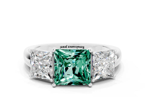 White gold Princess Cut Green Sapphire Three-Stone Ring with Four-Prong Setting and Classic Band