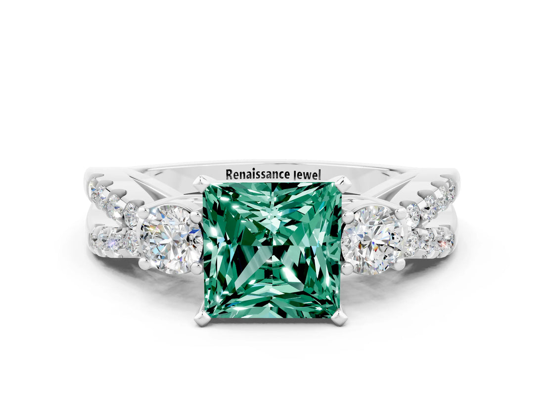White gold Princess Cut Green Sapphire Three-Stone Ring with Pavé Split Shank and Four-Prong Setting