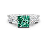 White gold Princess Cut Green Sapphire Three-Stone Ring with Pavé Split Shank and Four-Prong Setting