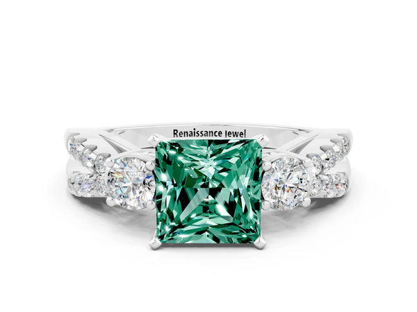 Platinum Princess Cut Green Sapphire Three-Stone Ring with Pavé Split Shank and Four-Prong Setting
