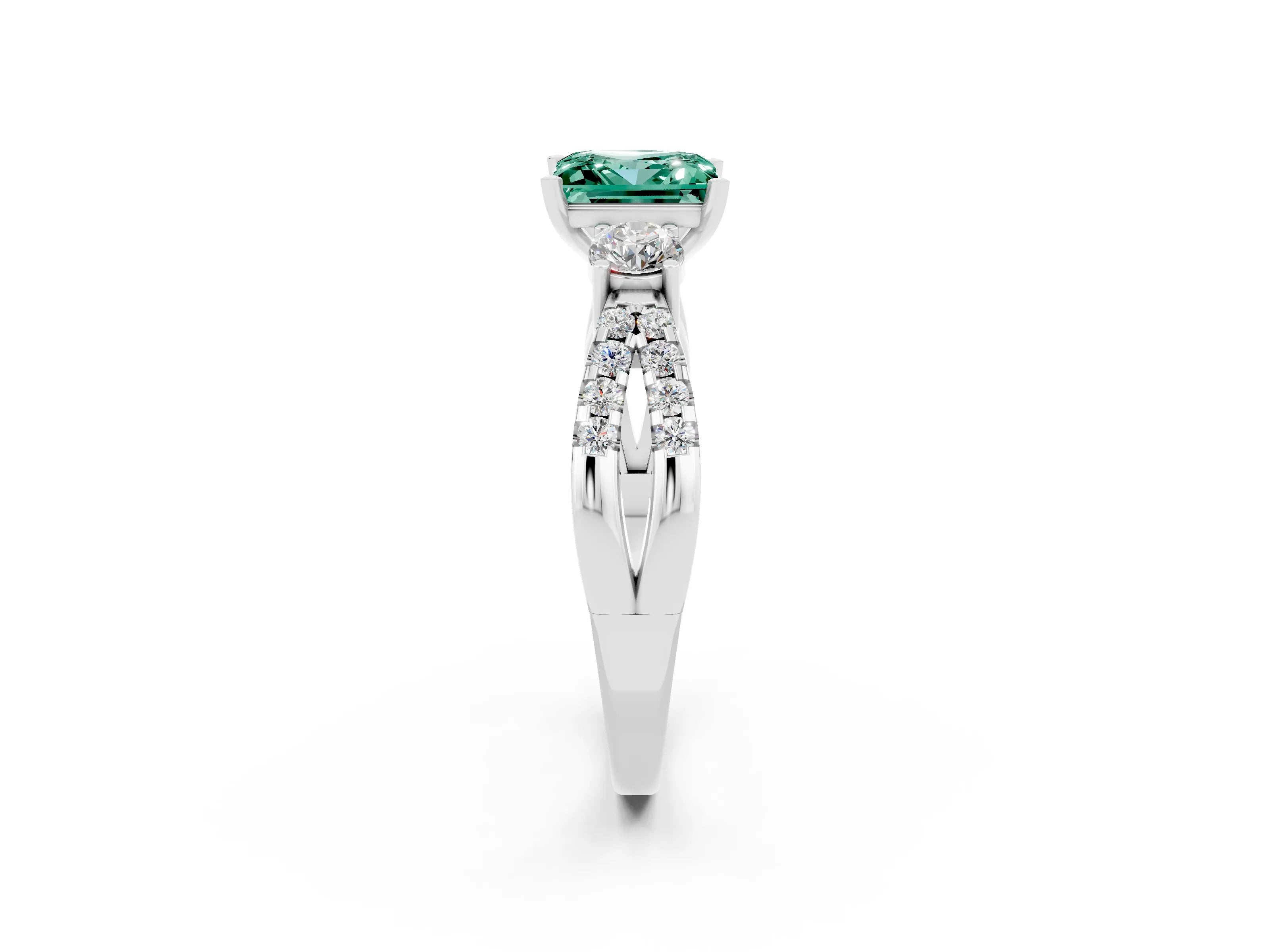 White gold Princess Cut Green Sapphire Three-Stone Ring with Pavé Split Shank and Four-Prong Setting_2