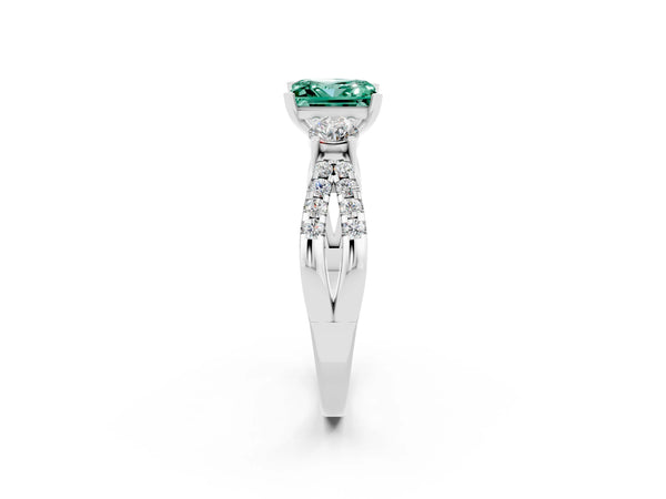 Silver Princess Cut Green Sapphire Three-Stone Ring with Pavé Split Shank and Four-Prong Setting